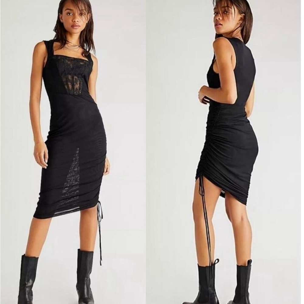 Free People Ruched Midi Dress Lace Corset Black Midi Bodycon size XS NWOT